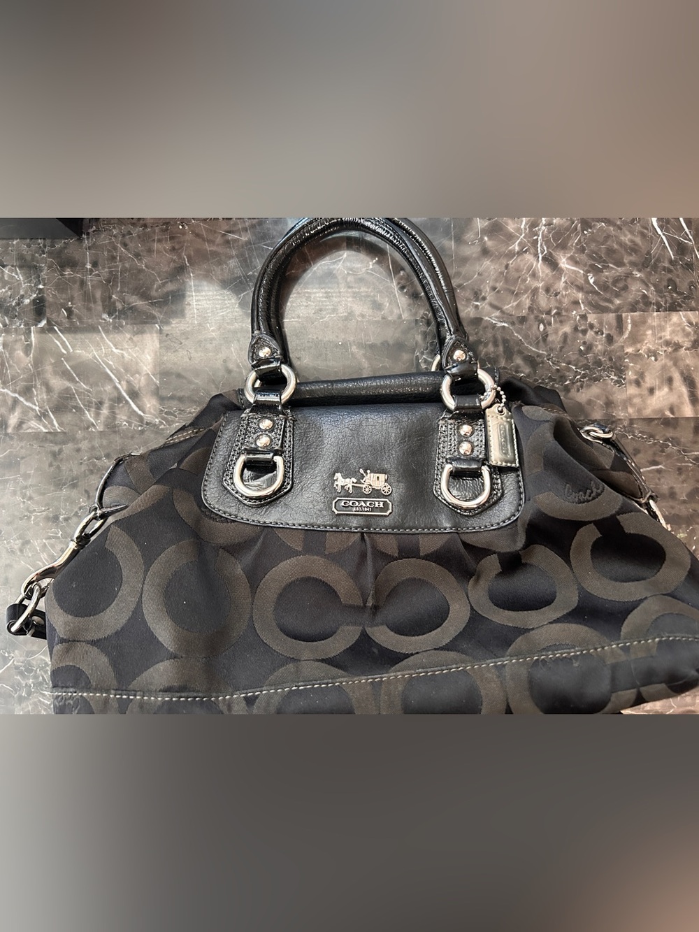 Coach Black Signature Shoulder Bag with Leather Trim Ashley Satchel Top